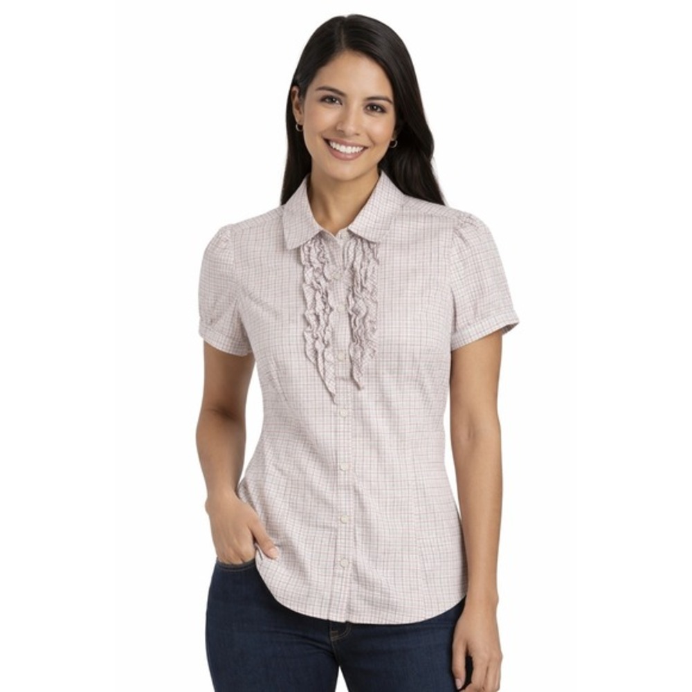 Ann Taylor LOFT Plaid Ruffle Front Short Sleeve Button Up Shirt Cotton 10 73-77‎